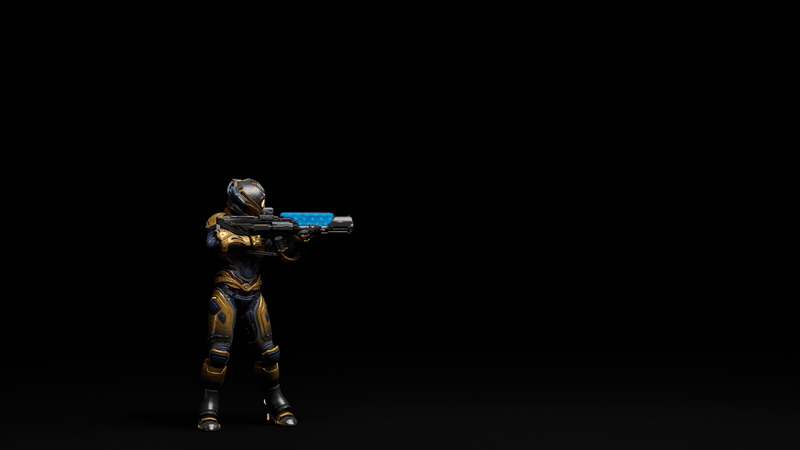 Rendered character firing the kinetic rifle VFX