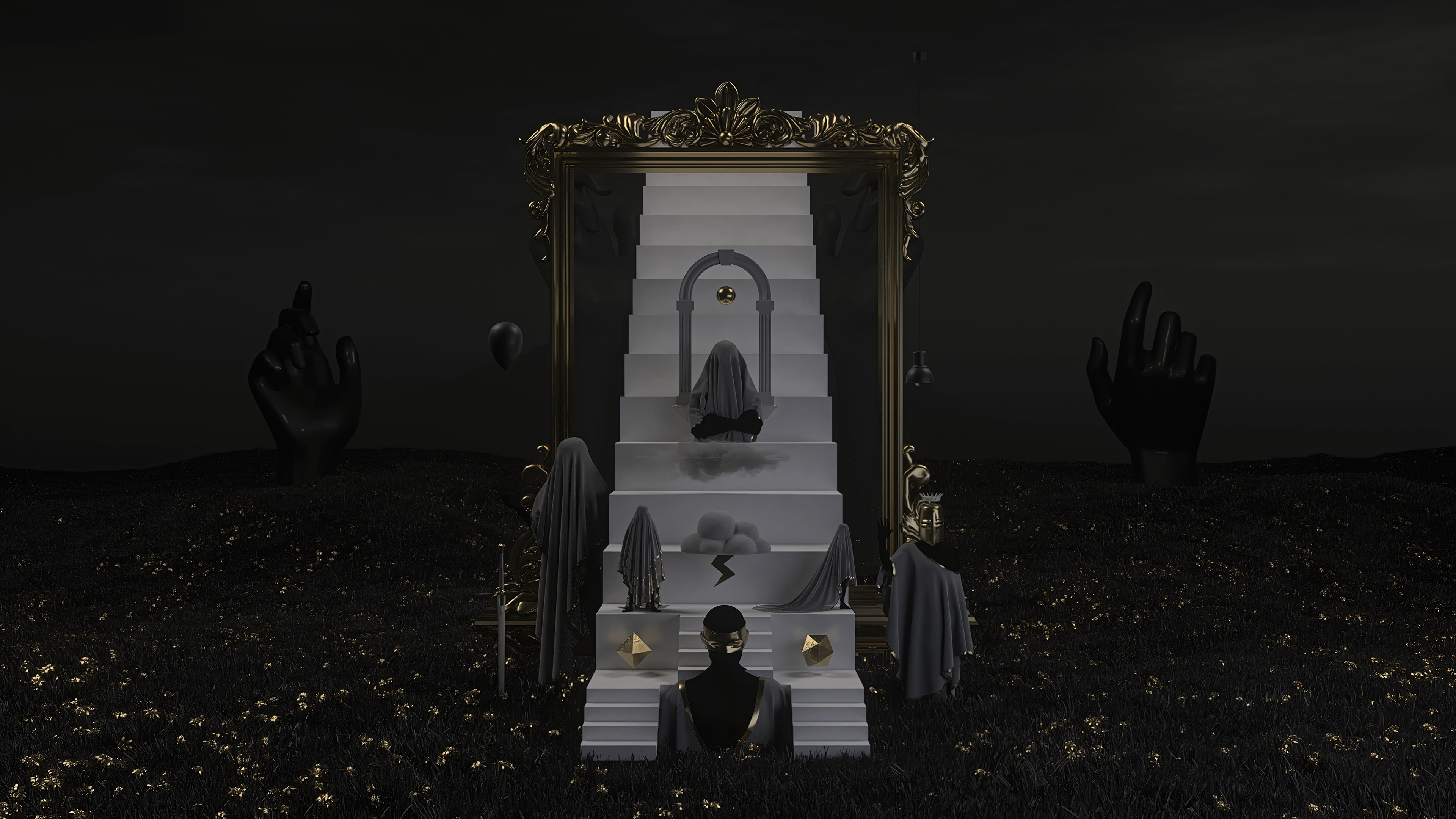 Surreal golden framed staircase scene created in Cinema 4D